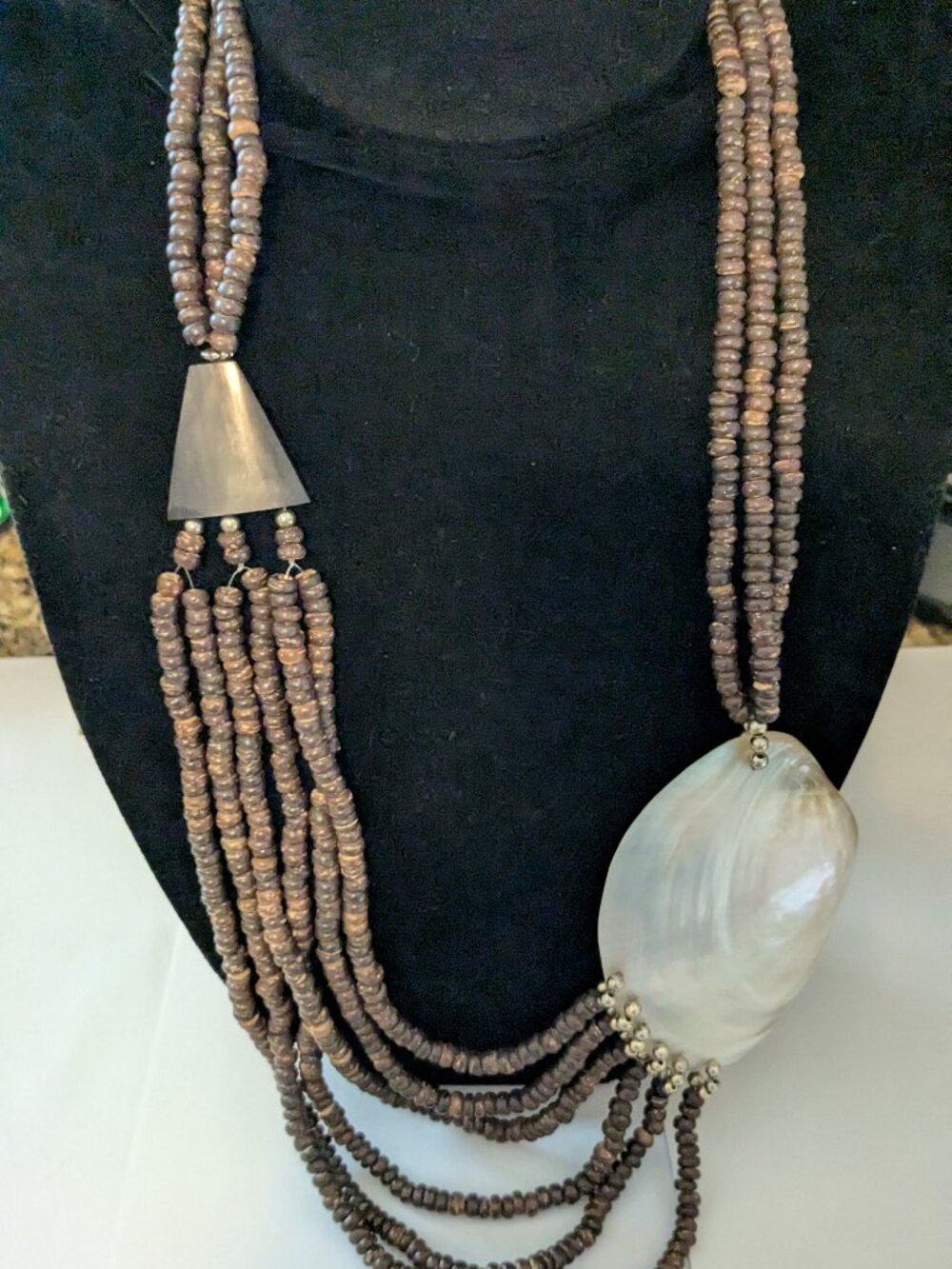 Vintage MOP Mother of Pearl Shell Multi Strand Wooden Beaded Statement Necklace